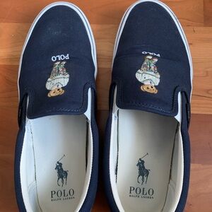 Polo by Ralph Lauren Navy Canvas Slip-On Sneakers with Embroidered Bear
